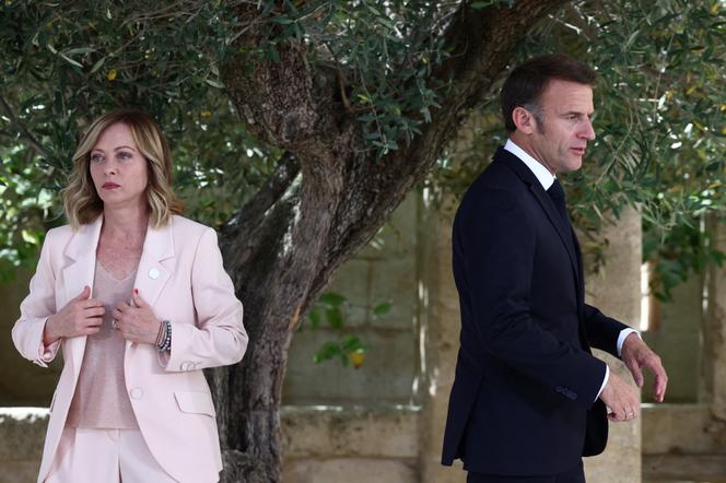 Emmanuel Macron und Giorgia Meloni am ersten Tag des G7-Gipfels in Savelletri (Italien) am 13. Juni 2024.