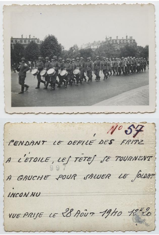 The front and back of a picture in the album found by Stéphanie Colaux at a flea market in Barjac, France in 2020.
The text reads: "During the Fritzes' parade at [Place de] l'Etoile, heads turn to the left to salute the Unknown Soldier / View taken 28 August 1940 12:20" 