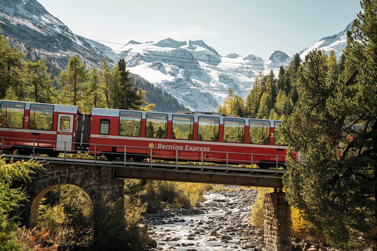 Aboard the Bernina Express train, a superb panoramic journey through the Alps