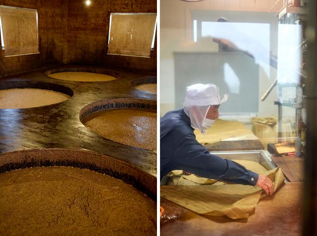 Yugeta soy sauce factory, northwest of Tokyo, May 13, 2024. On the left, the first stage: fermenting soybeans in wooden barrels. On the right, the filtering stage of the sauce that has just been pressed through cloths.