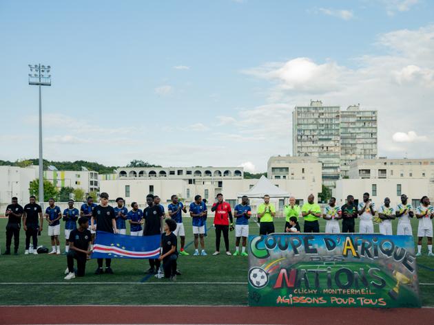 Teams sing their country's anthem before the match between Cape Verde and Mali at the 2024 National Neigborhoods' Cup at the Henri-Barbusse stadium in Clichy-sous-Bois, Seine-Saint-Denis, on June 12, 2024.
