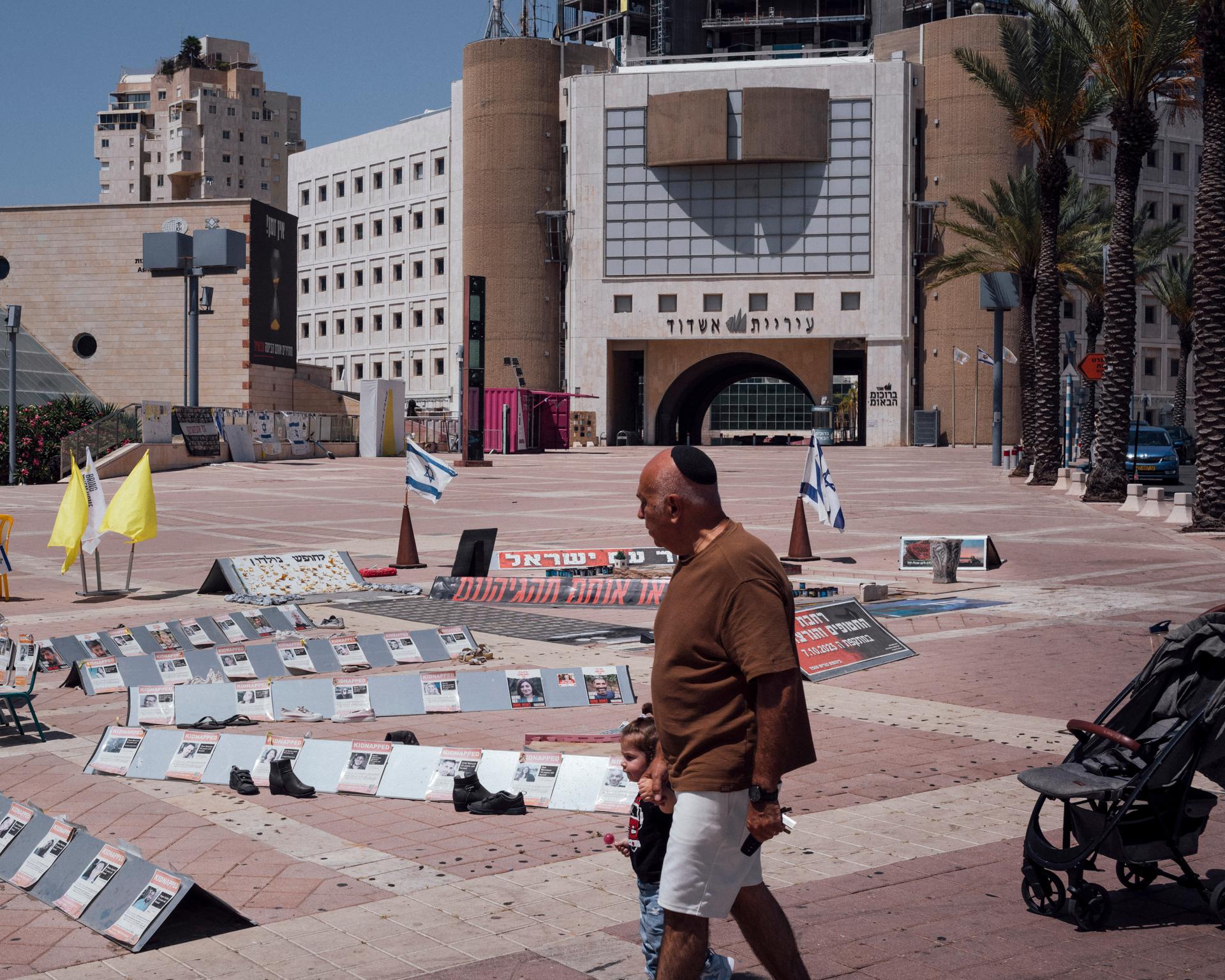 Installation highlighting the plight of hostages held by Hamas, in Ashdod on June 14, 2024.