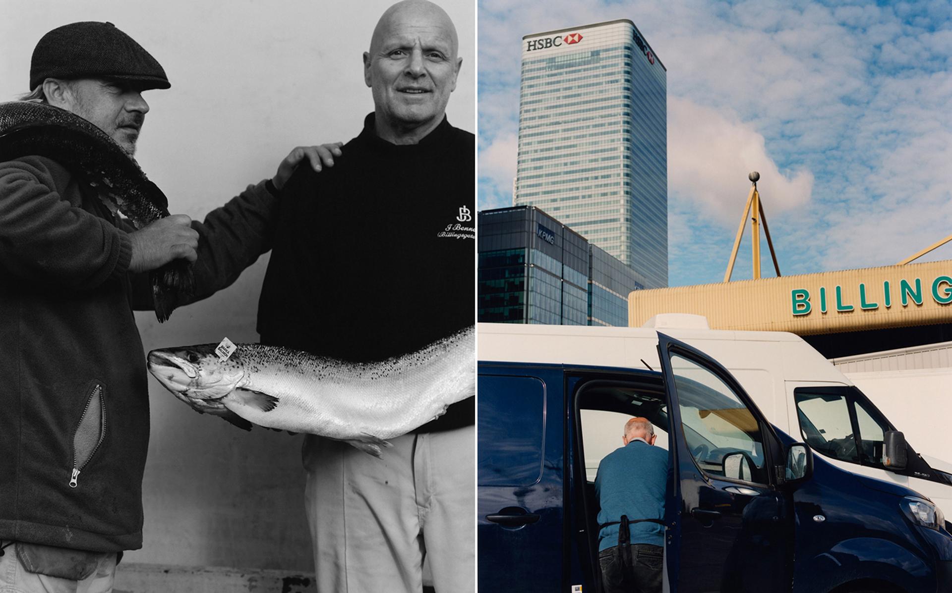 On the left, Gary and Martin at Billingsgate fishmarket, London. On the right, in the same place, Nicki loads her van after selling goods all night.