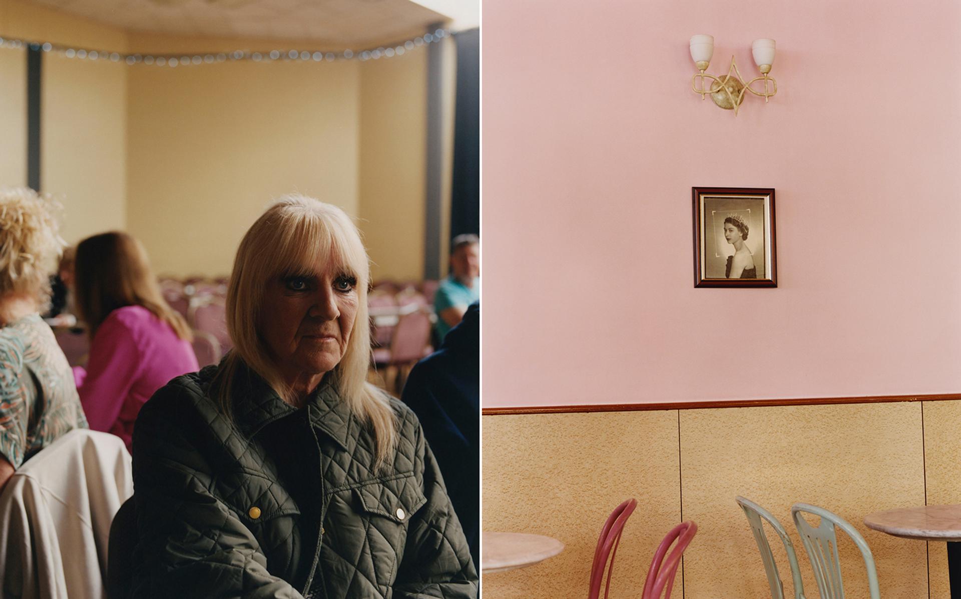 On the left, a participant at a 1960s party in Whitby. On the right, a portrait of Queen Elizabeth II at an ice-cream parlour in Redcar, on the north-east coast of England.