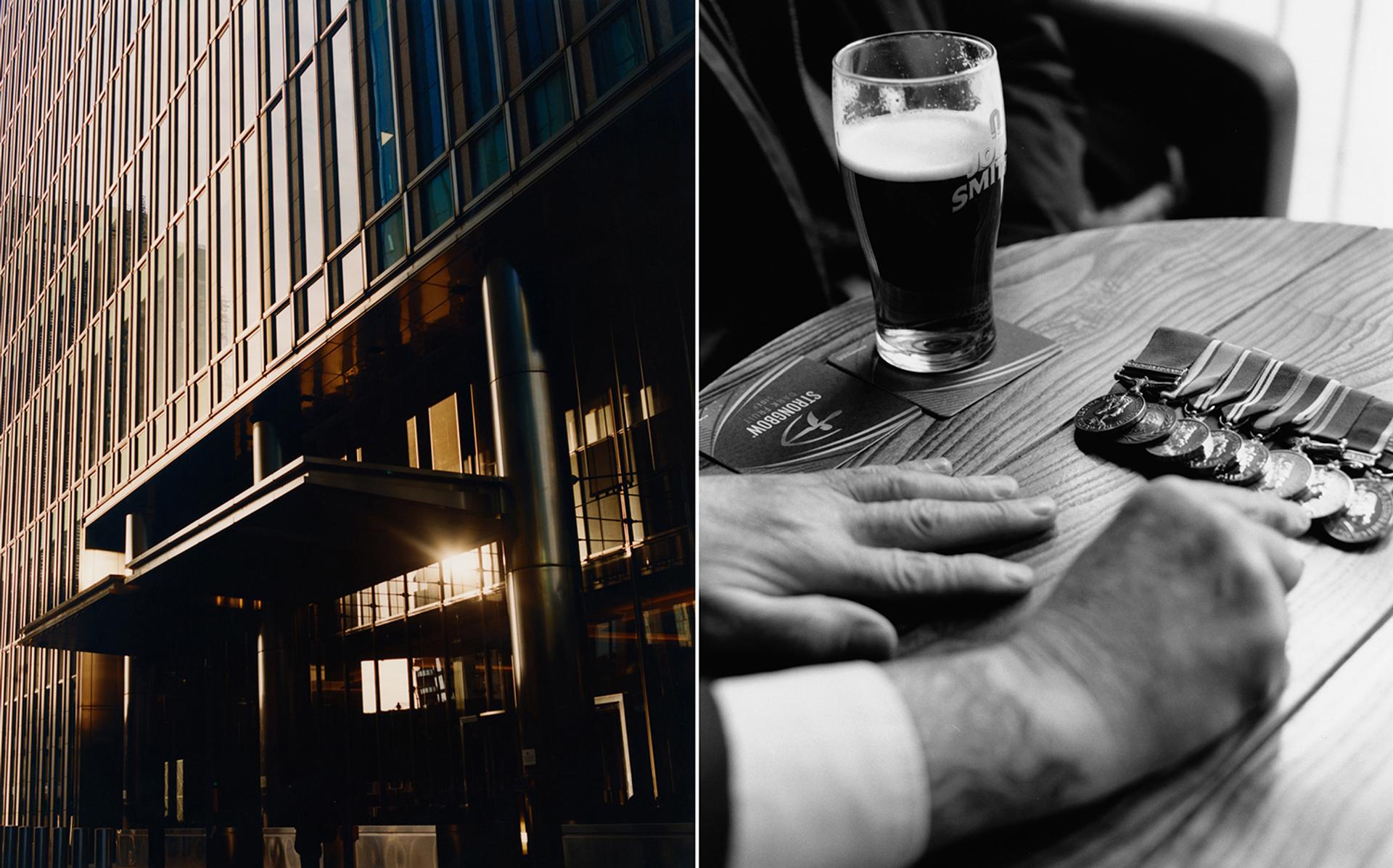 Left: Canary Wharf, in the financial heart of London. Right, the medals of ex-serviceman Jimmy, in a Hartlepool pub.