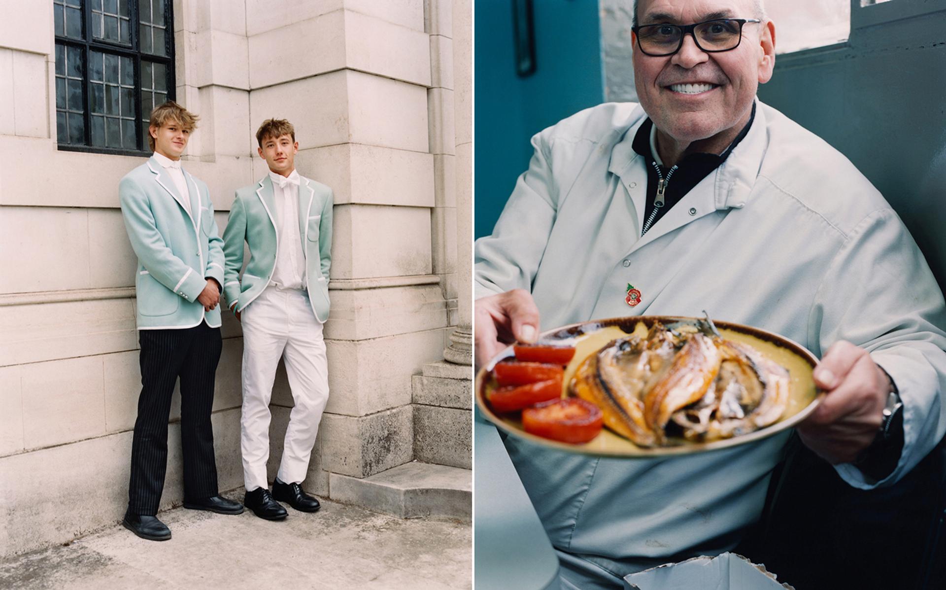 Left, Ned and Nikolai, students at Eton College. On the right, "Big Greg" presents herring prepared as kippers in London's Billingsgate fish market.