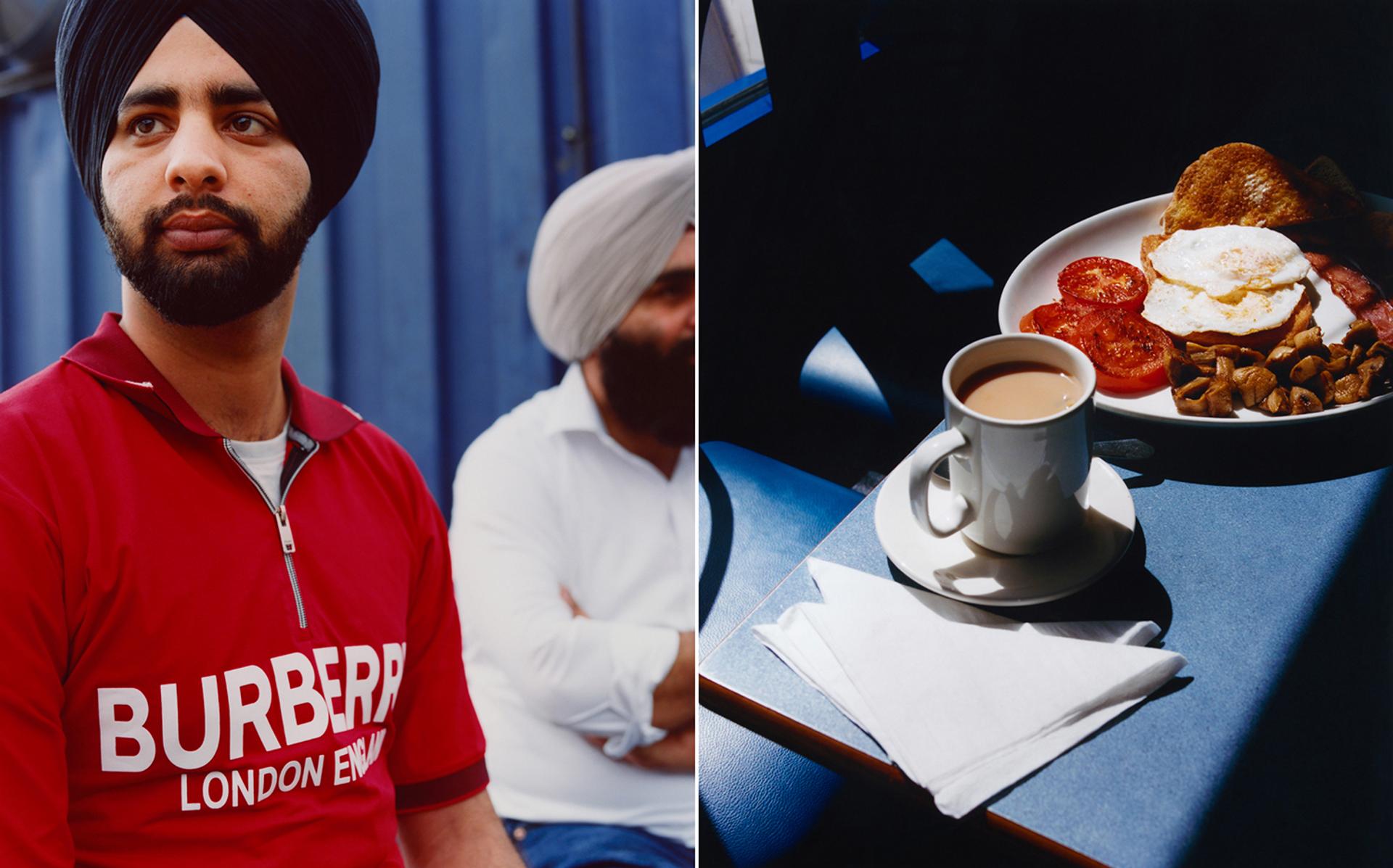 On the left, "Love" and "Dʳ Ravinder", two residents of Southall, a suburb of West London. Right, breakfast in Hayes, a suburb of London.