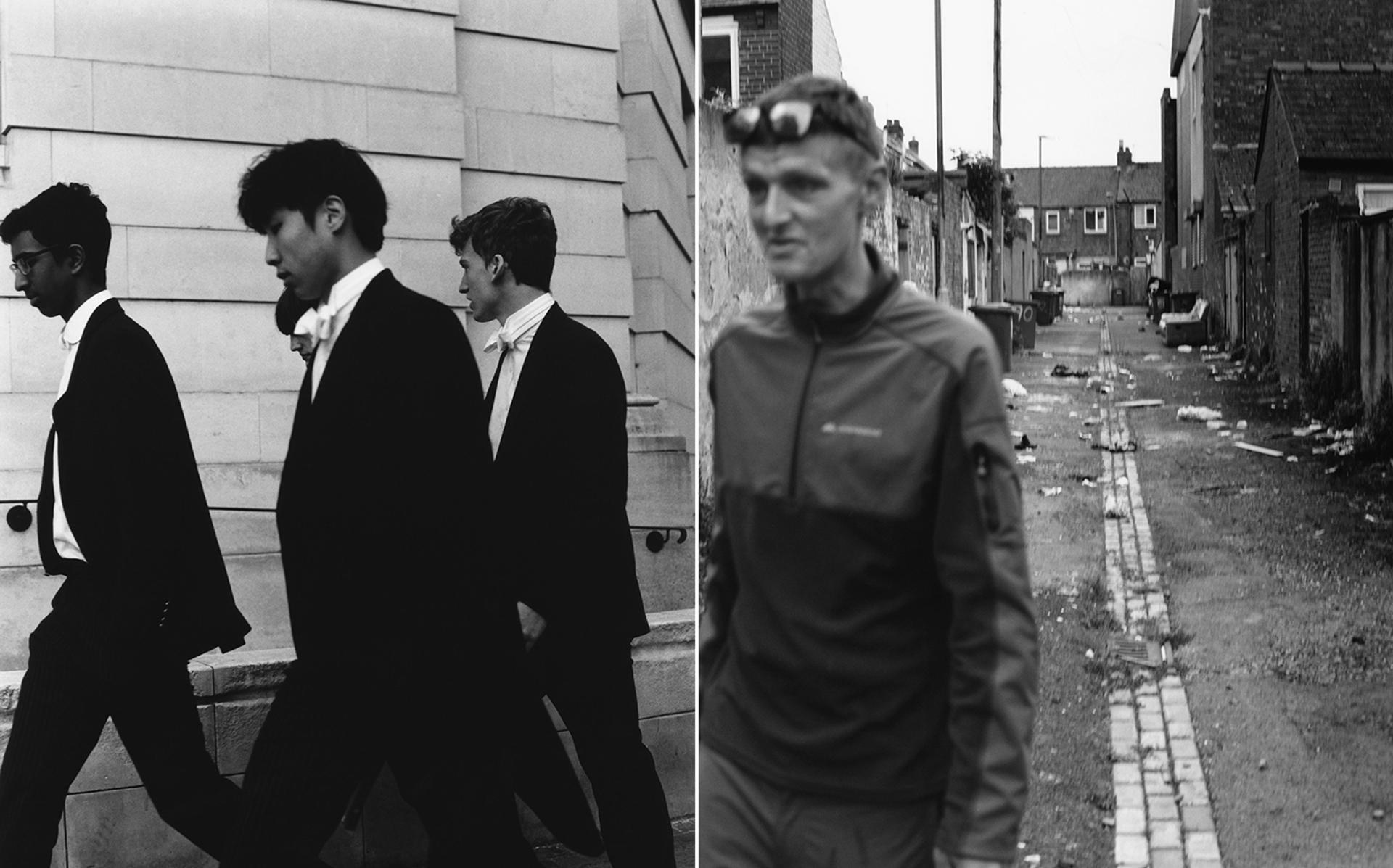 Left, exam day at Eton College, Windsor. On the right, James Picken, a resident of Hartlepool, in the modest neighborhood of Dyke House.