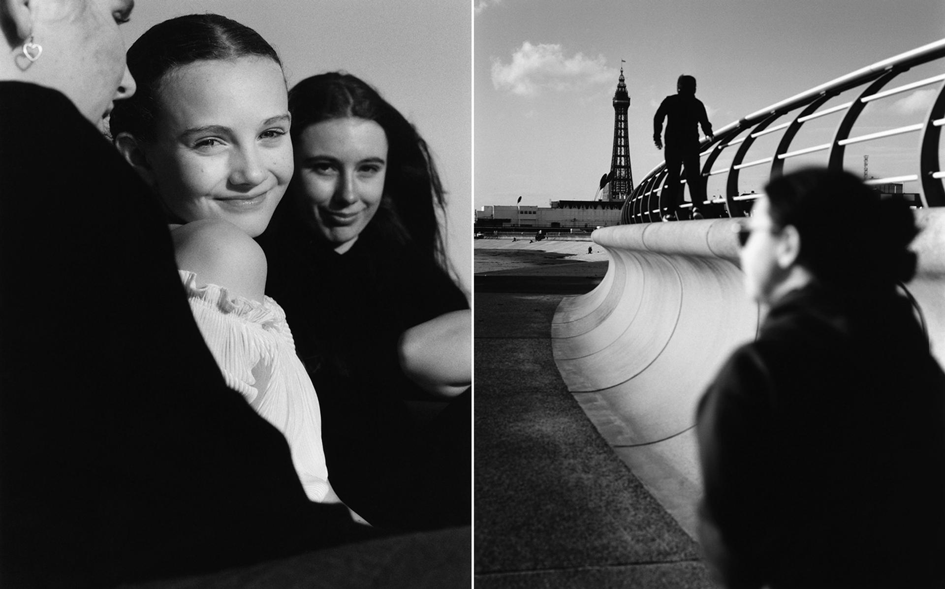 Left, Ruby, Emily and Lara, in Blackpool. On the right, in the same coastal town, a pier, with the Blackpool Tower.