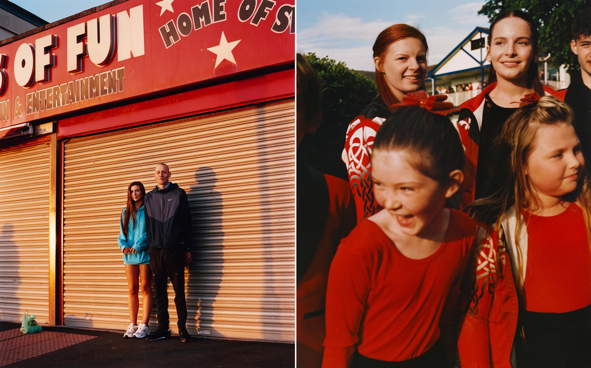 On the left, Rachel and Ben in Blackpool. On the right, students from an Irish dance school, at Windsor racecourse, an hour west of London.