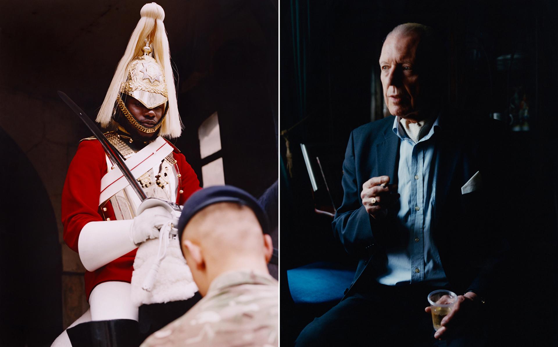 Left, a guard at Westminster, London. On the right, Peter Dul, a member of the Ukip party, in Southall.