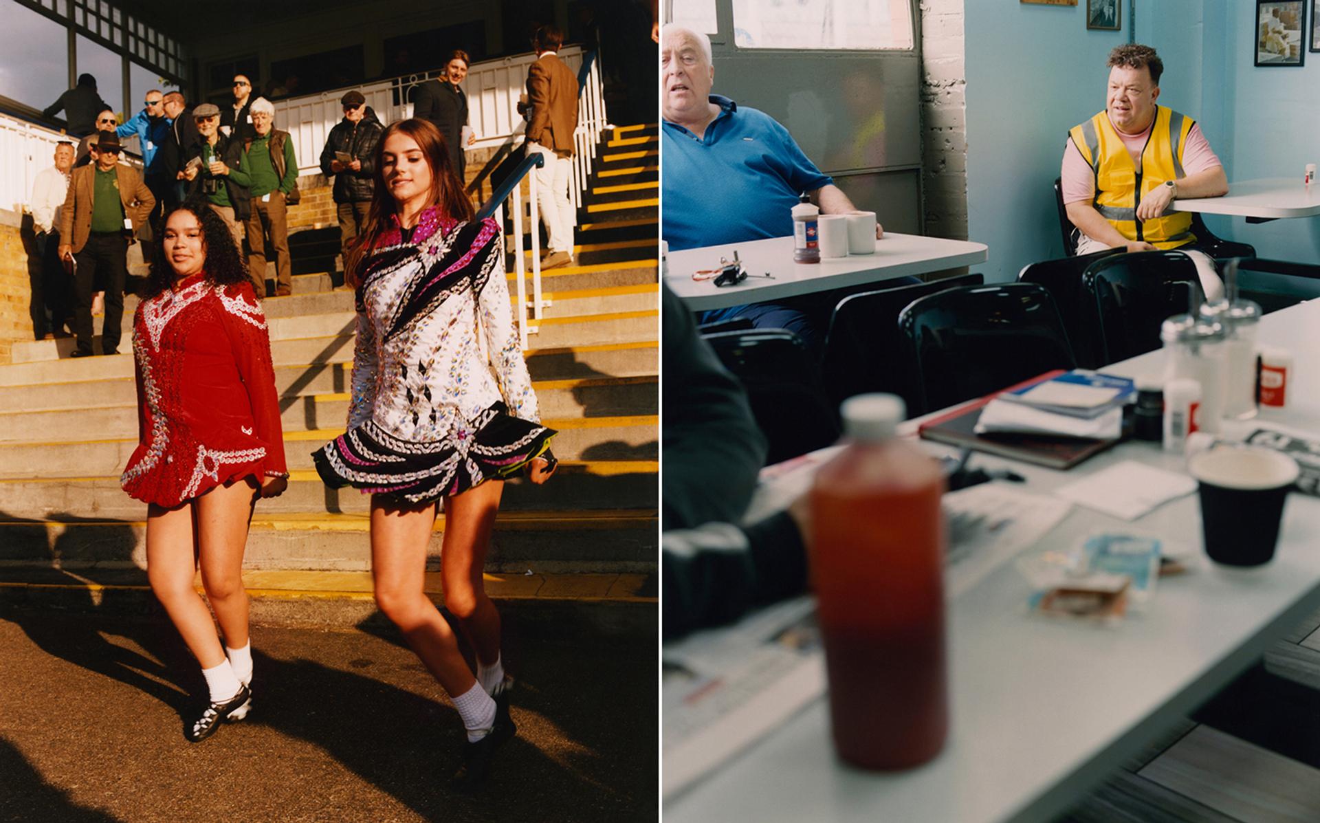 Left, Abby and Ashleigh, two young members of an Irish dance club, at Windsor Racecourse. On the right, Bob and "Shithouse" in a Billingsgate fish market café.