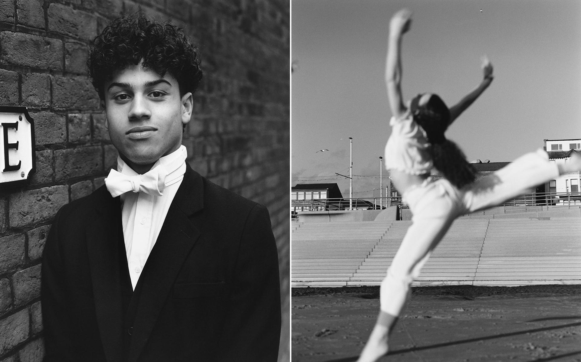 On the left, a student at Eton College, near Windsor. Right, Emily, a dancer, on Blackpool beach.