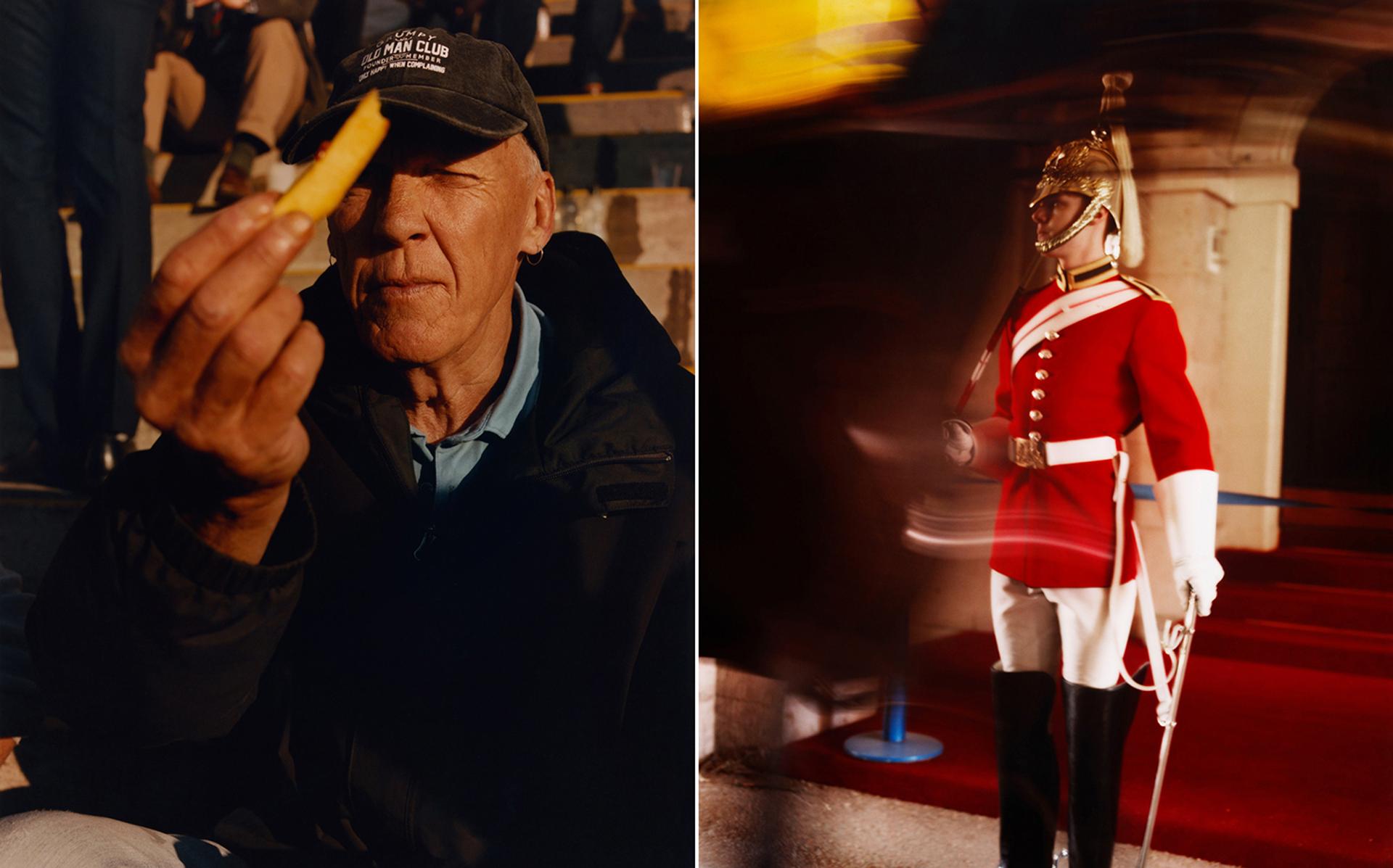 Left: Jim, who has come to watch a horse race at Windsor Racecourse. Right, a guard at Westminster, London.