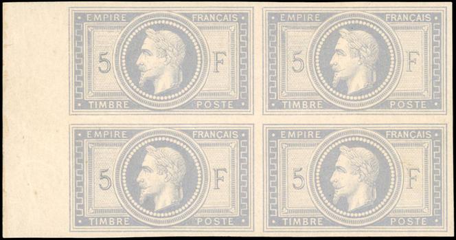 5 francs « Empire » violet-gris, bloc de quatre non dentelé, 60 000 euros.