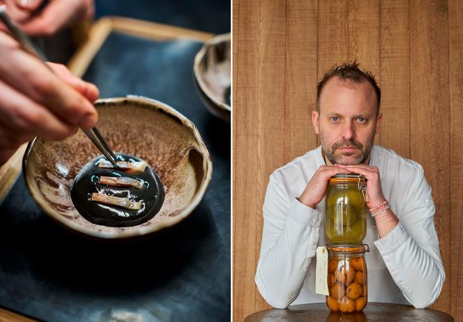 À gauche : Hareng au sésame noir exposé au restaurant David Toutain à Paris.  À droite : le chef David Tutin.