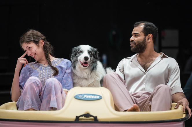 Stéphanie Aflalo et Gaël Sall, dans « Ahouvi », de Yuval Rozman, au Phénix scène nationale Valenciennes (Nord), le 27 février 2023. Les bergers australiens Yova et Epops y jouaient, en alternance, le rôle du chien.