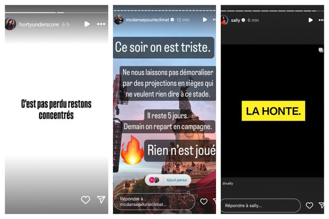 De gauche à droite, les réactions de HortyUnderscore, de mcdansepourleclimat et de Sally, postées sur Instagram après l’annonce des résultats du 1er tour des législatives.