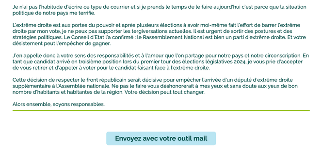 Exemple de message automatique suggéré par le site Shake Ton Politique.