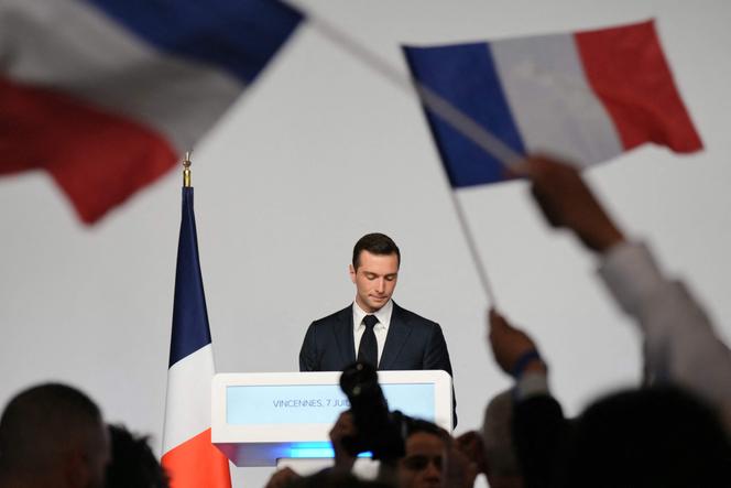 Le président du Rassemblement national, Jordan Bardella, lors d’un meeting après le second tour des élections législatives, à Paris le 7 juillet 2024.