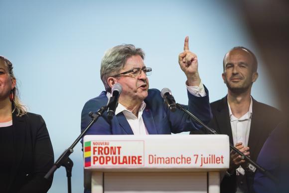 Jean Luc Mélenchon et Manuel Bompard, place de la Bataille-de-Stalingrad, à Paris, le 7 juillet 2024.