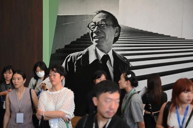 Journalists attend the preview of 'I. M. Pei: Life Is Architecture,' a retrospective on Ieoh Ming Pei, at M+, Hong Kong, June 26, 2024.