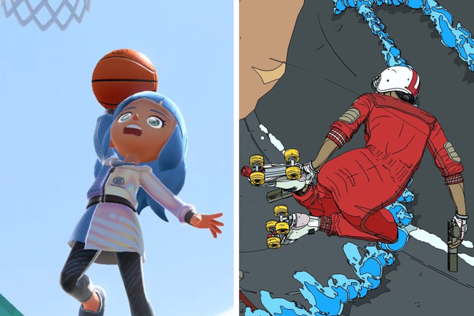 Du basket-ball arrive dans « Nintendo Switch Sports » (à gauche). « Rollerdrome » (Private Division) et son sport futuriste aussi mortel qu’acrobatique.