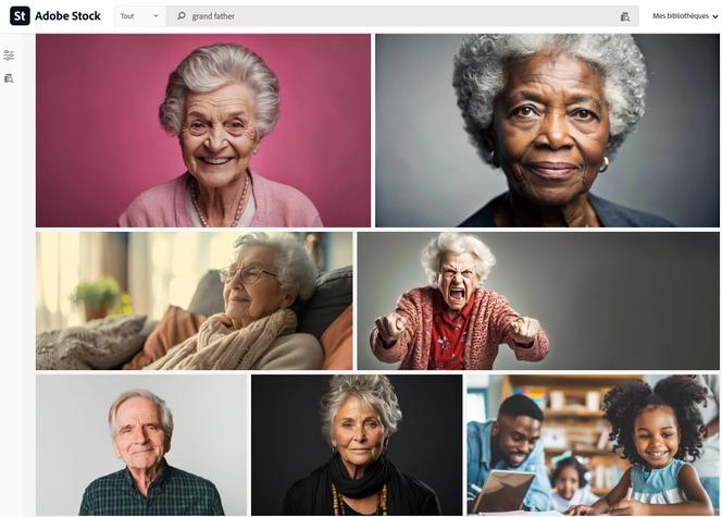 Sur Adobe Stock, une recherche sur « grand father » propose une majorité d’images créées par IA parmi les 50 premiers résultats de recherche. 