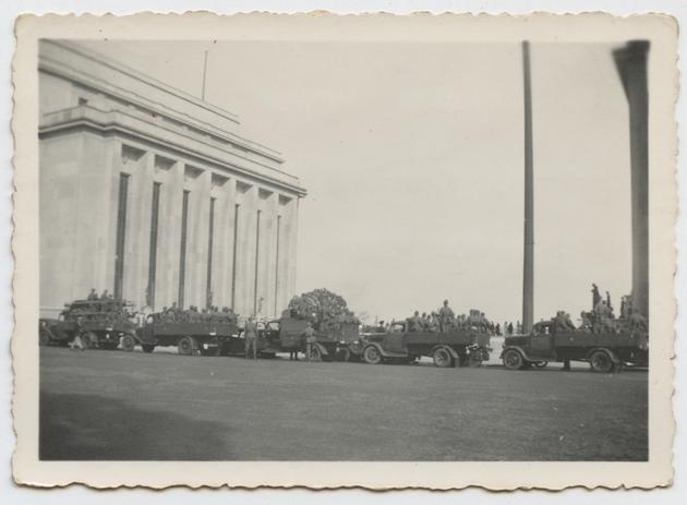 "The Fritzes visit Paris while the French troops are doing winter sports in the Pyrénées, view taken at the Palais de Chaillot, Sunday August 4, 1940, 6:15 pm," reads the back of the photograph.