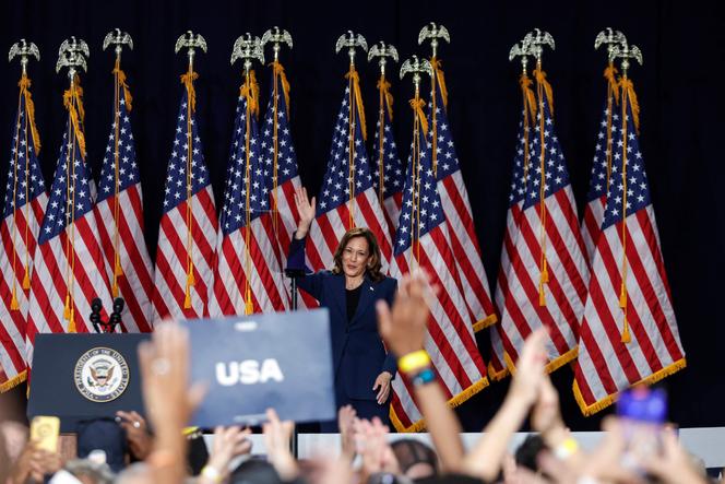 Kamala Harris tijdens een bijeenkomst in Milwaukee (Wisconsin) op 23 juli 2024.