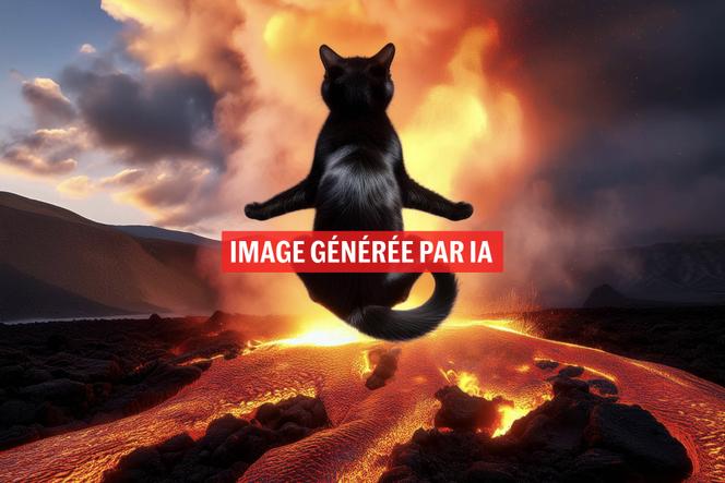 Une image générée avec le nouvel outil proposé par Photoshop, à partir de cette consigne : « Un chat qui lévite au-dessus d’une coulée de lave dans une posture de yogi. »