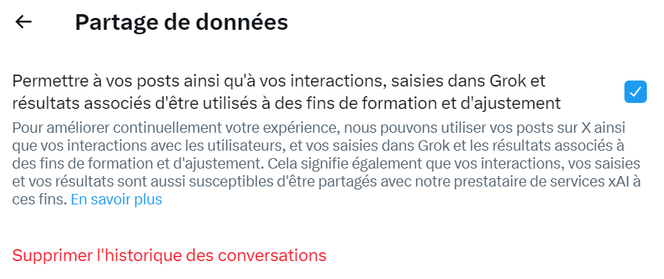 Dans les paramètres du réseau social X, le partage de données pour entraîner l’IA Grok est activé par défaut.