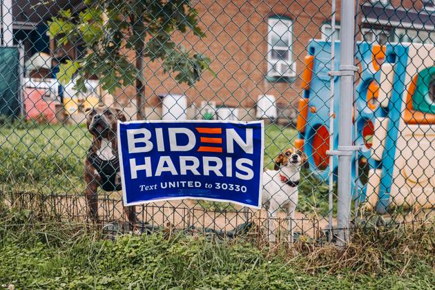 A yard sign for the presidential ticket of Joe Biden and Kamala Harris, on a street in Easton, eastern Pennsylvania, July 27, 2024.