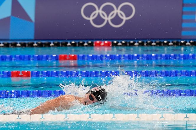 United States' Katie Ledecky swims in the women's 4x200-meter freestyle relay final at the 2024 Summer Olympics in Nanterre, on August 1, 2024. 