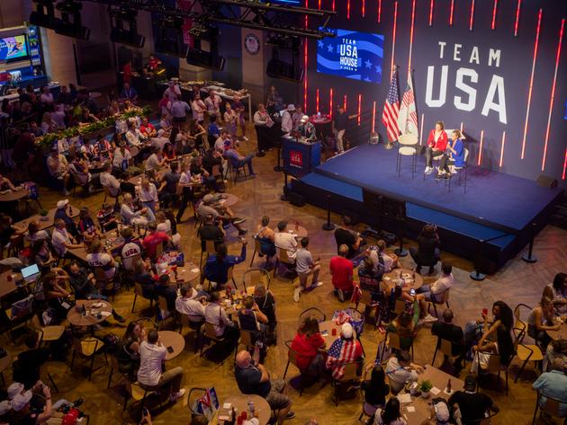 The main room, open to the public, of Team USA House, in the Palais Brongniart, Paris, August 4, 2024