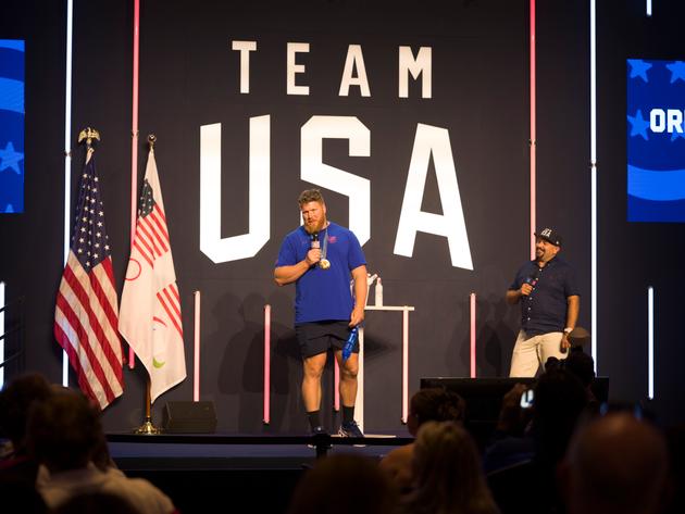 Olympic shot put champion Ryan Crouser visits American Olympic supporters at Team USA House located in the Palais Brongniart, Paris, August 4, 2024