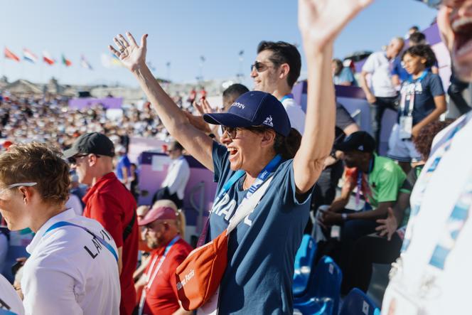 Anne Hidalgo, Mayor of Paris, during the men's 3x3 basketball match between France and Germany, on the occasion of the Paris 2024 Games, Place de la Concorde, in Paris, on August 5, 2024.