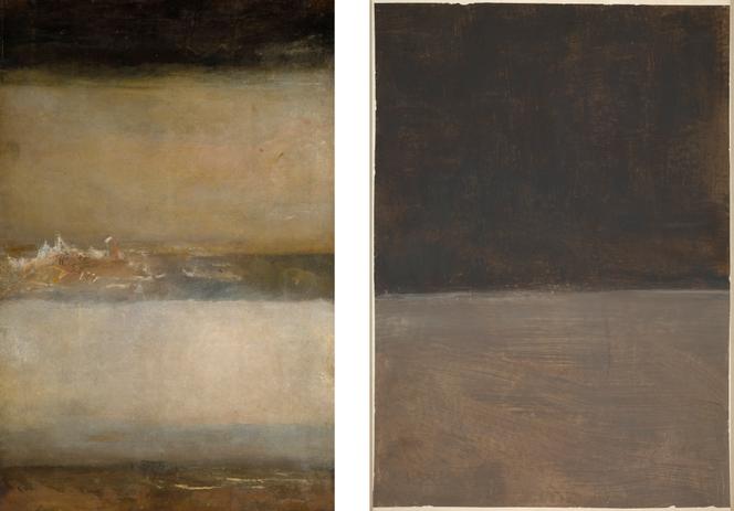 A gauche, « Trois marines » (vers 1827), de William Turner, huile sur toile. A droite, « Sans titre » (1969), de Mark Rothko, peinture acrylique sur papier.