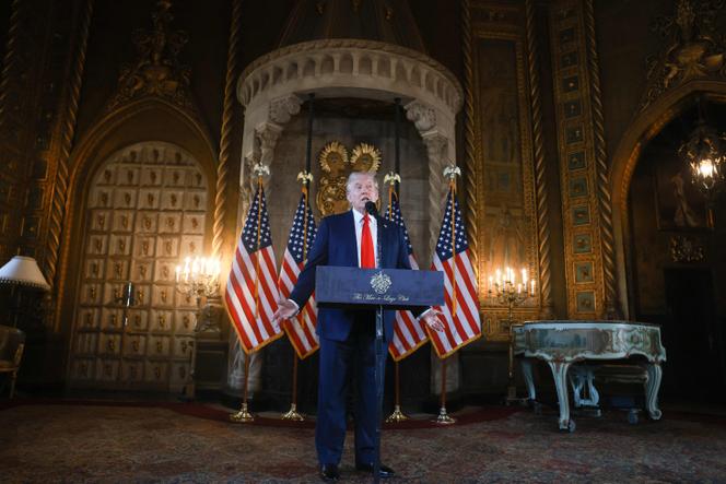 Donald Trump lors de sa conférence de presse depuis sa résidence de Mar-a-Lago en Floride le 8 août 2024.