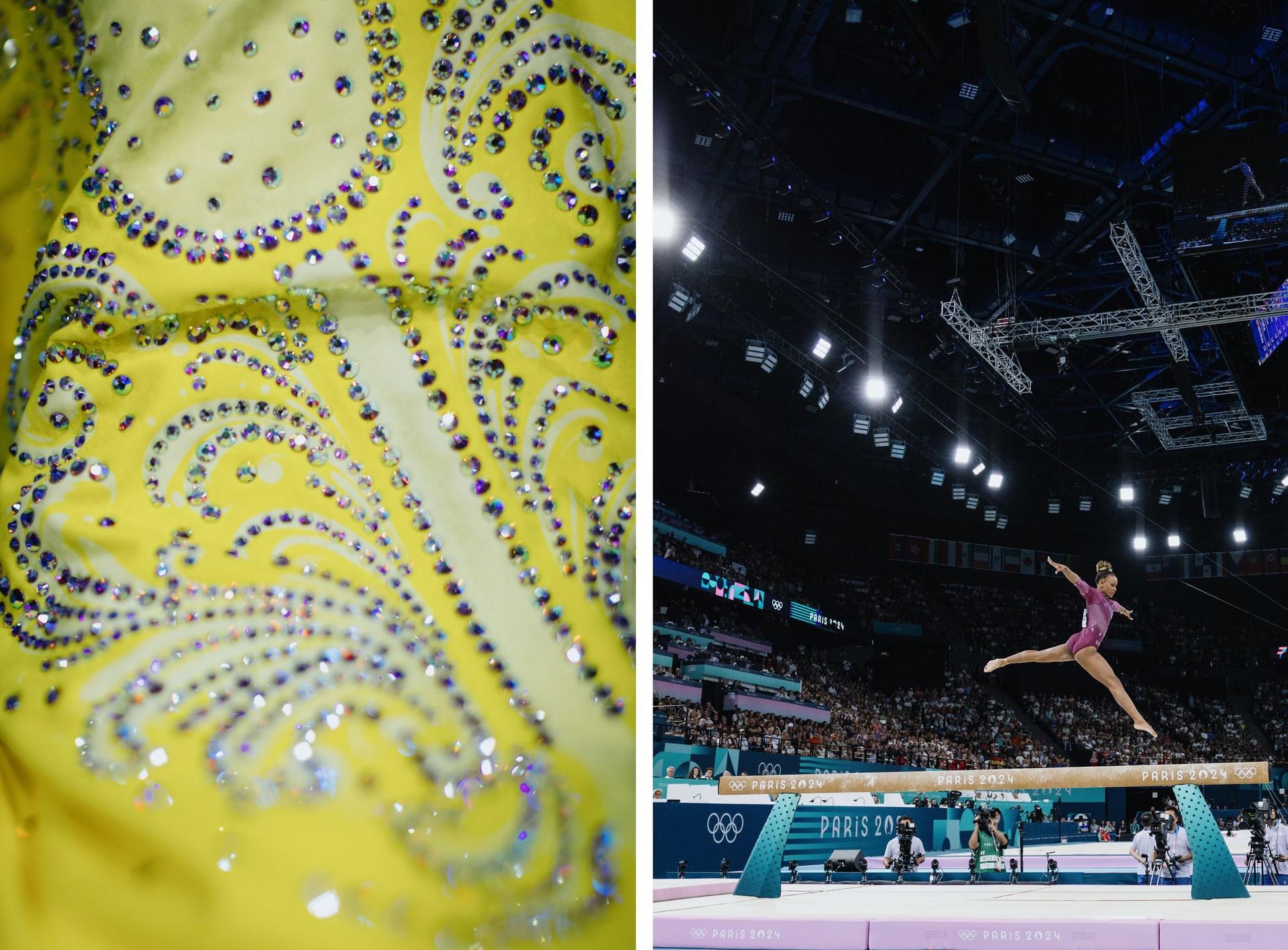 Left: Detail of the leotard donated by the Brazilian gymnast Rebecca Andrade. Right: Rebecca Andrade during the balance beam finals at Arena Bercy in Paris on August 5, 2024.