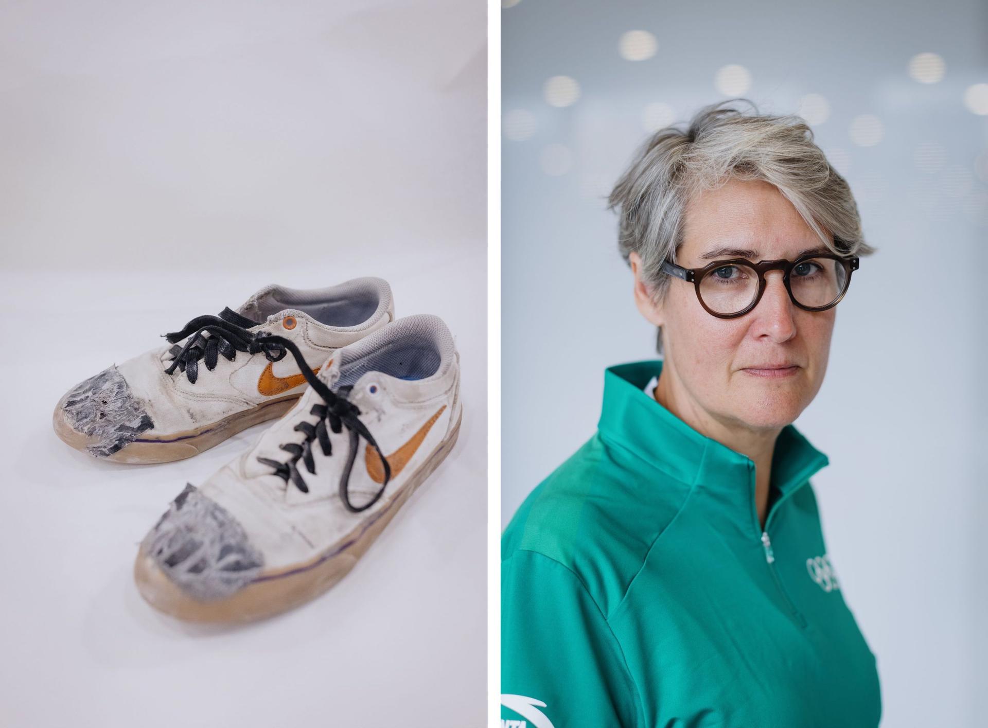Left: A pair of trainers worn by one of the youngest skateboarders, Finland's Heili Sirvo, 13 years old. Right: Anne Cécile Jaccard, curator of the Musée de Lausanne, at the Hyatt Hotel, Paris, August 9, 2024.