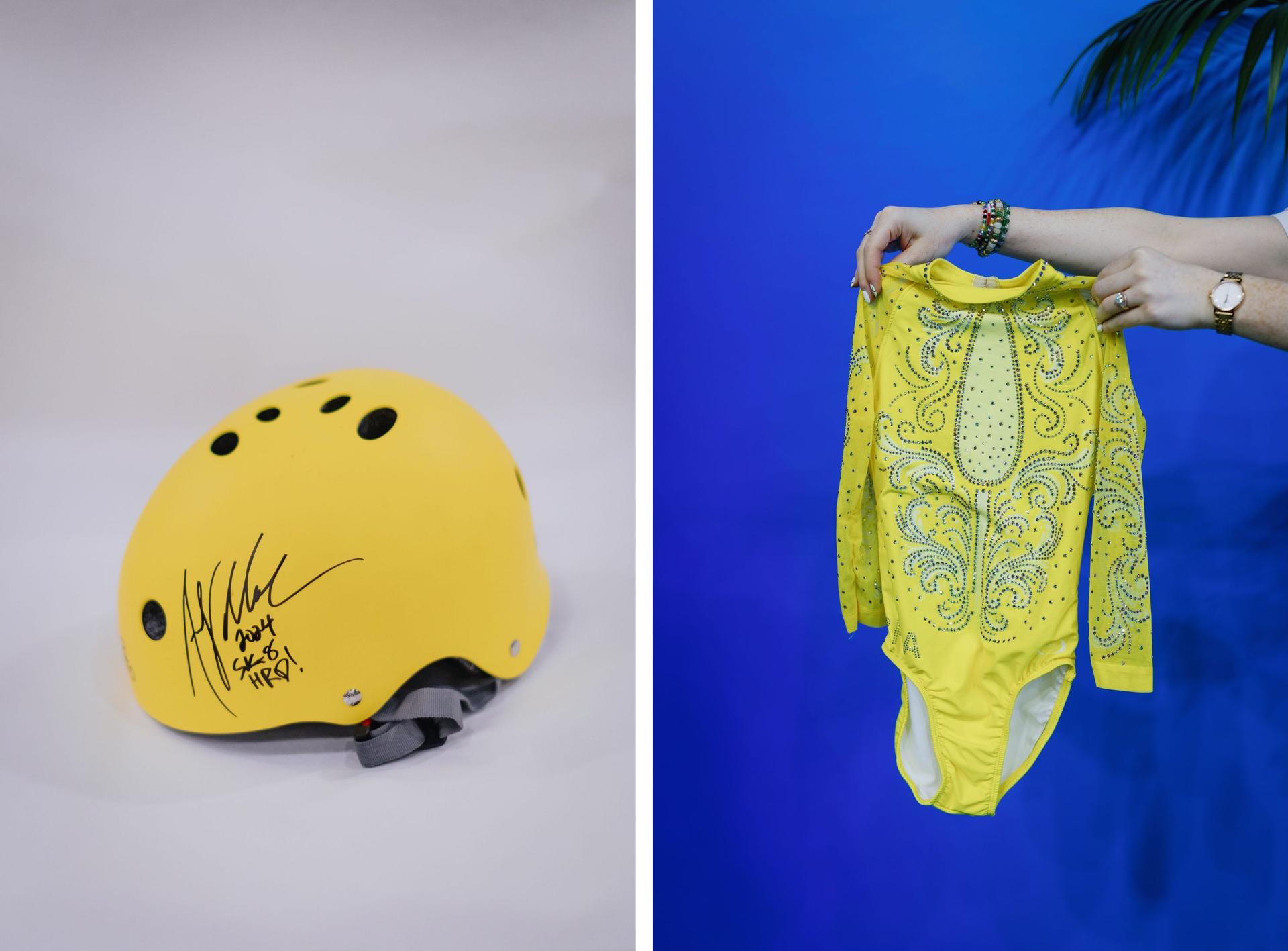 Left: the helmet of the oldest skateboarder in the competition, 51-year-old Andy McDonald. Right: The leotard donated by the Brazilian gymnast Rebecca Andrade.