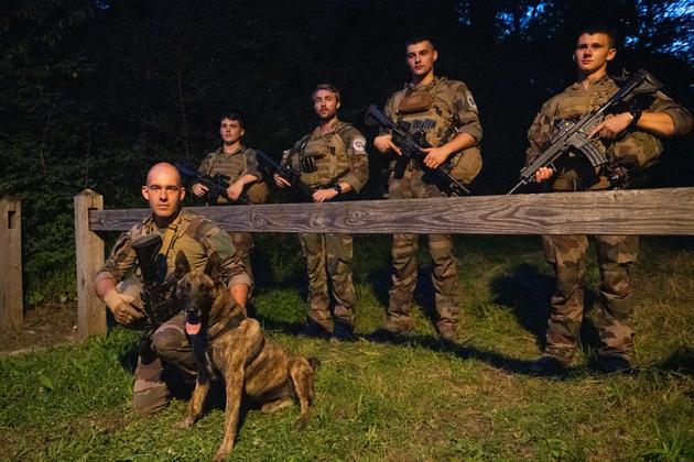 An army night patrol near the national golf course in Guyancourt, site of the Olympic Games, on August 8, 2024.