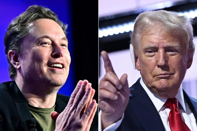 Cette combinaison d’images créée le 12 août 2024 montre le PDG de Tesla, Elon Musk (à gauche), s’exprimant lors de la 27ᵉ conférence mondiale annuelle du Milken Institute au Beverly Hilton de Los Angeles, le 6 mai 2024, et l’ancien président des Etats-Unis et candidat républicain à l’élection présidentielle de 2024, Donald Trump, sur scène lors du dernier jour de la convention nationale républicaine de 2024 au Fiserv Forum de Milwaukee, dans le Wisconsin, le 18 juillet 2024.