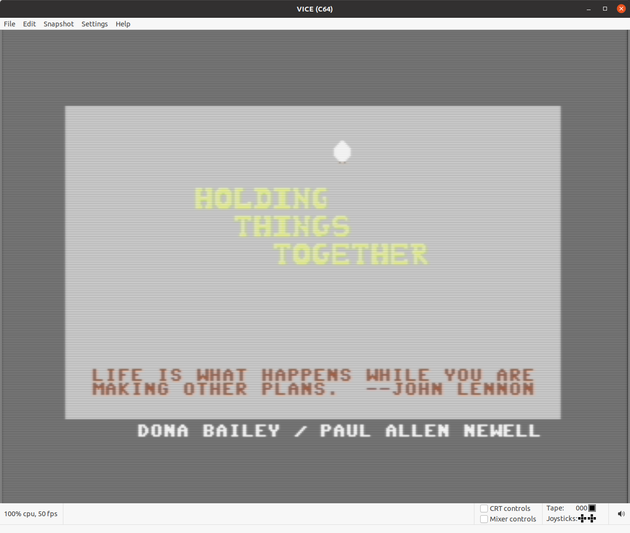 « Holding things together » (« Tenir bon »), un des multiples noms de travail du prototype désormais connu comme « Computer Theatre ». Il fonctionne ici sur un programme émulant les capacités du Commodore 64, micro-ordinateur populaire des années 1980.
