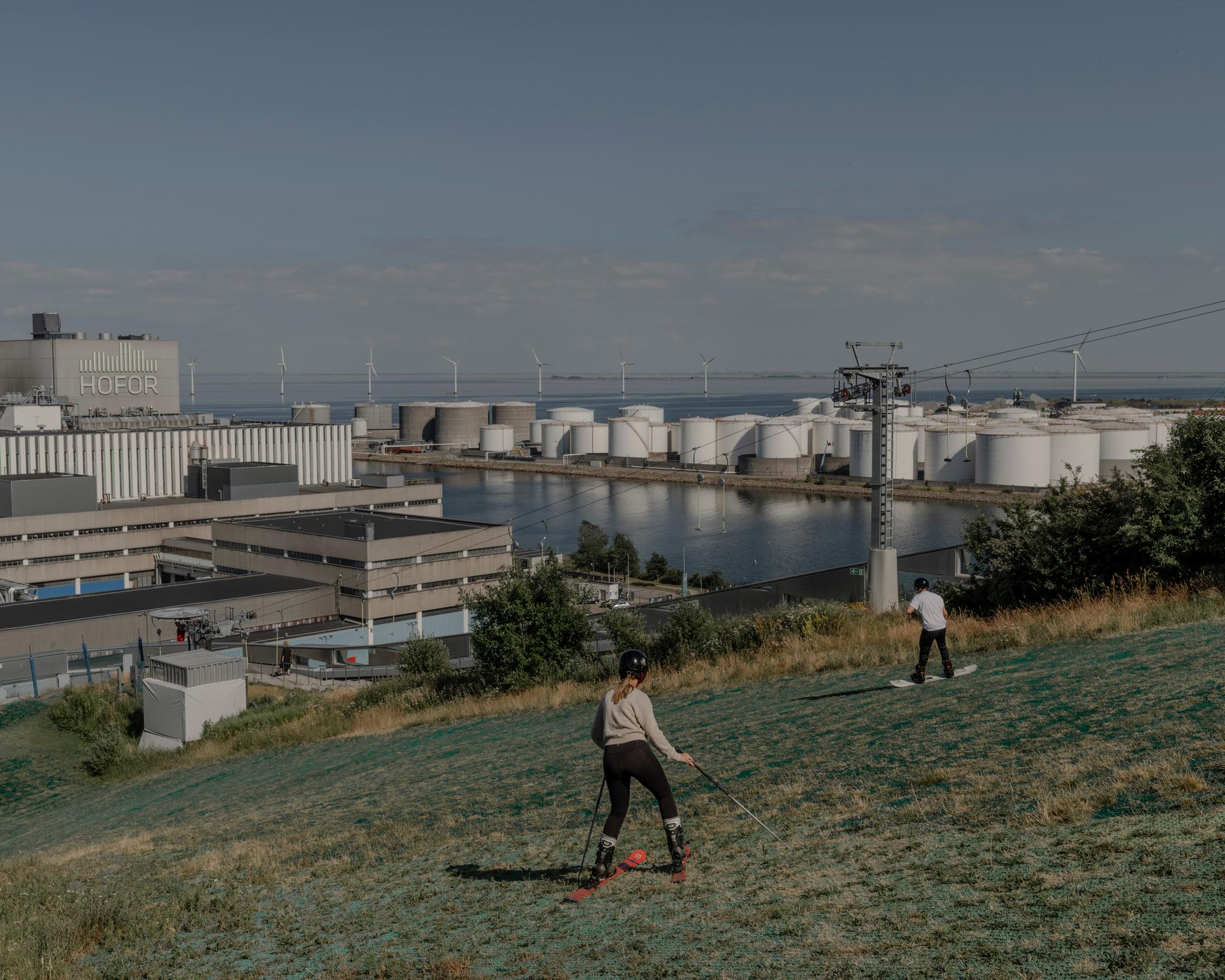 The ski slope on the roof of Amager Bakke, the CopenHill incinerator run by the state-owned Amager Resource Center, Copenhagen, June 26, 2024.
