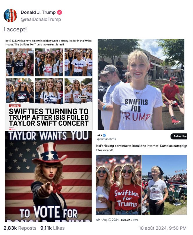 Capture d’écran du post de Donald Trump sur son réseau Truth Social, publié dimanche 18 août 2024.
