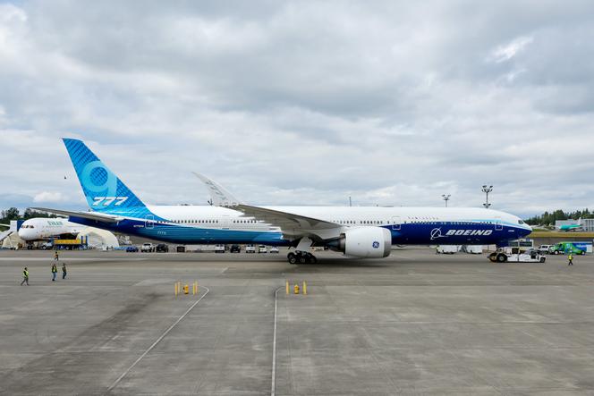 A Boeing 777X flight test aircraft is moved at the Everett Delivery Center on June 26, 2024 in Everett, Washington.