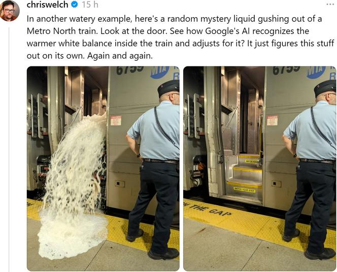 « Voici un étrange liquide se déversant d’un wagon du Metro-North. Regardez la porte. Regardez comment l’IA reconnaît la balance des blancs, plus chaude à l’intérieur du train, pour pouvoir l’ajuster ? », s’étonne un journaliste de « The Verge ».