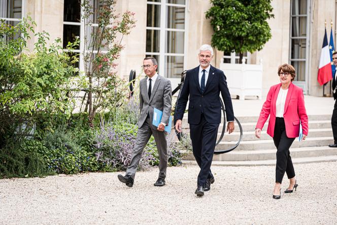 Representatives of the Les Républicains party, Bruno Retailleau, Laurent Wauquiez and Annie Genevard (from left to right), received at the Elysée by Emmanuel Macron during his consultations for the appointment of a new prime minister, in Paris, on August 23, 2024.